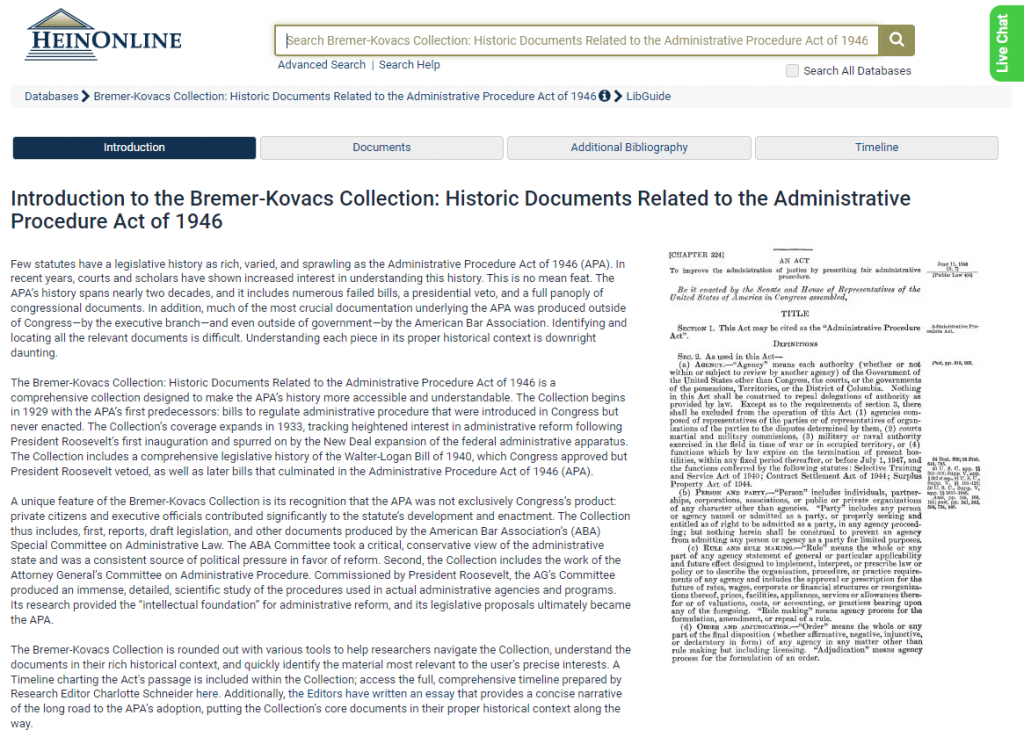 screenshot of Bremer-Kovacs Collection: Historic Documents Related to the Administrative Procedure Act of 1946