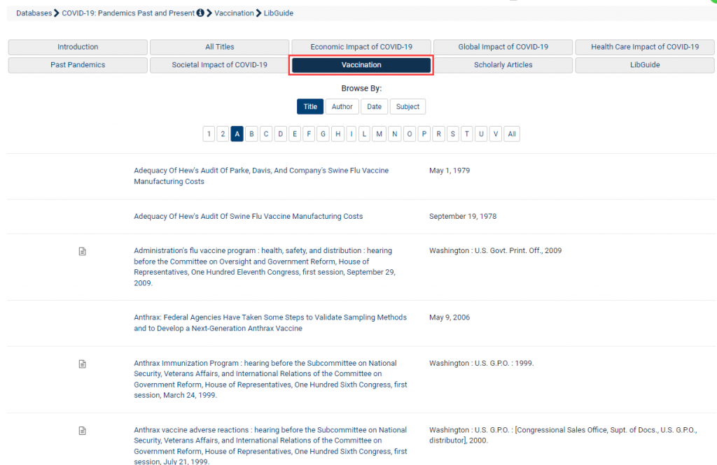 screenshot of Vaccination subcollection
