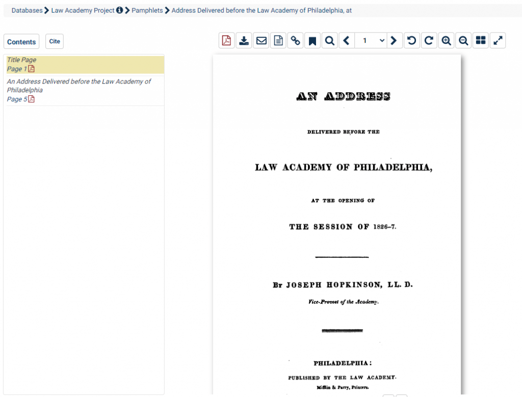 screenshot of pamphlet in Law Academy Project database