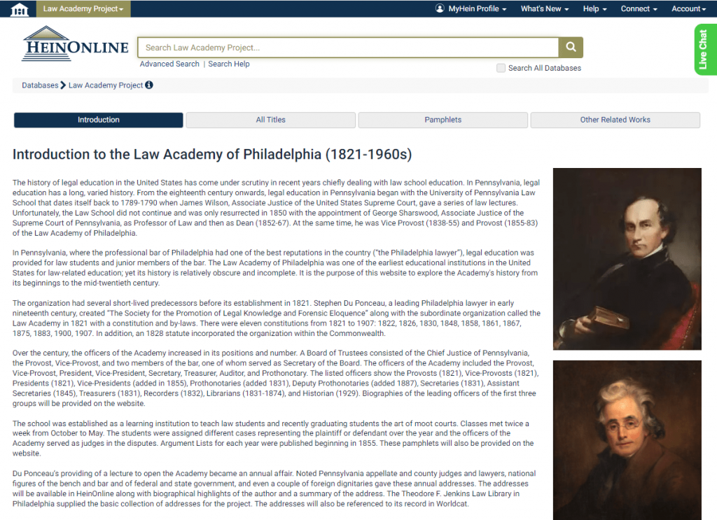 screenshot of the Law Academy Project in HeinOnline