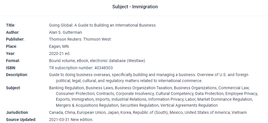 Subject listing for Immigration