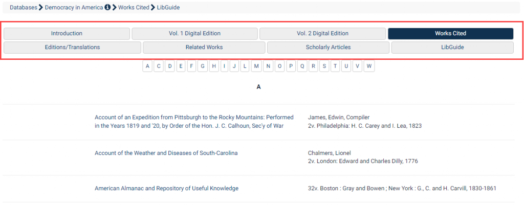 screenshot of subcollections in Democracy in America database