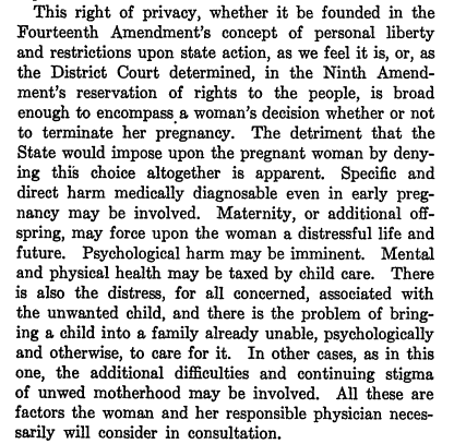 screenshot of excerpt from Roe v. Wade