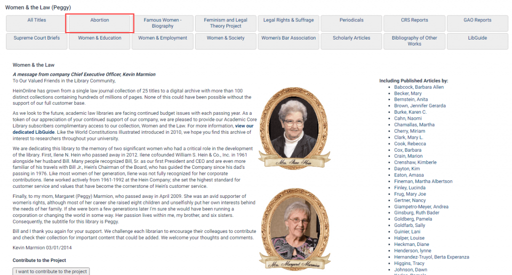 screenshot of Women & the Law database homepage