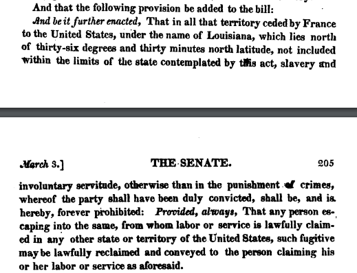 screenshot of excerpt of rule establishing outlaw of slavery north of  latitude 36°30'