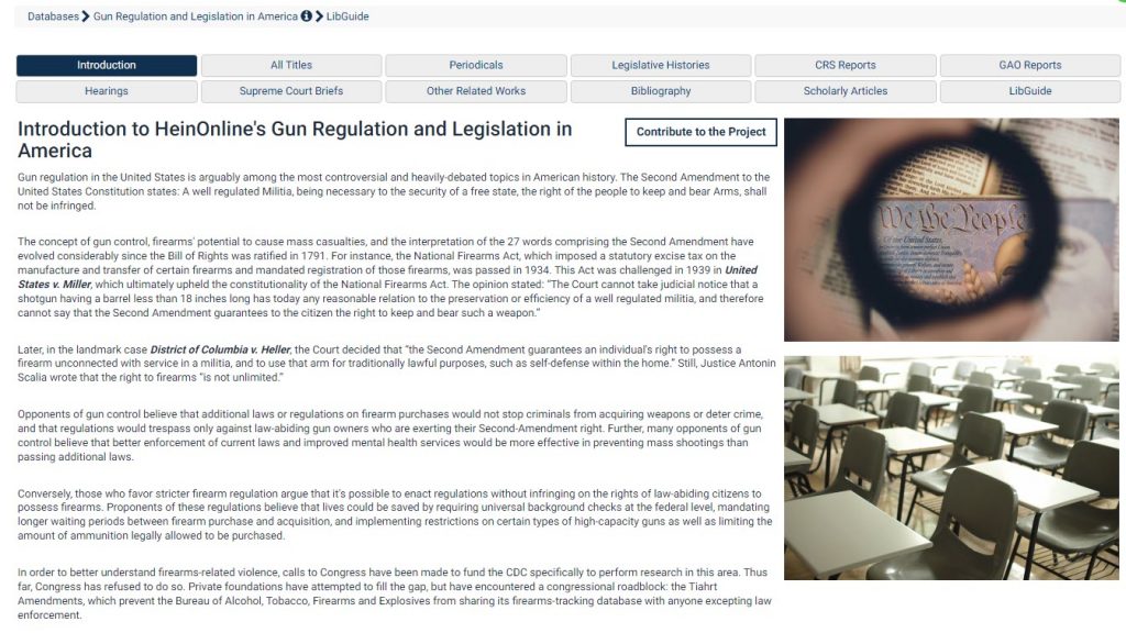 homepage of HeinOnline's Gun Regulation and Legislation in America database