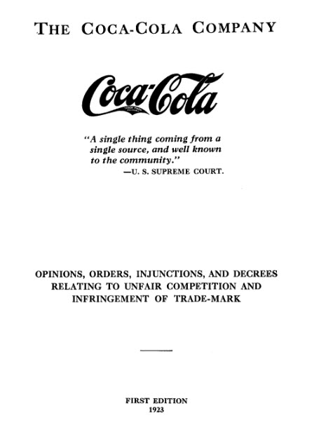 cover page of Coca-Cola Company: Opinions, Orders, Injunctions, and Decrees Relating to Unfair Competition and Infringement of Trade-Mark volume 1