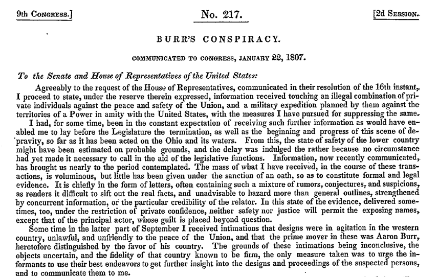 excerpt from notice from Jefferson to Congress regarding Burr's movements