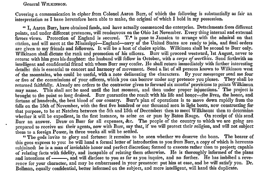 excerpt of letter ciphered letter from Aaron Burr to James Wilkinson