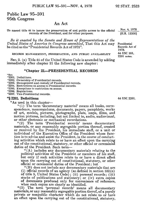 screenshot of excerpt from Presidential Records Act