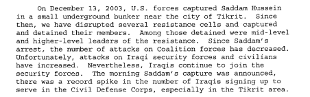 screenshot of excerpt from report noting capture of Saddam Hussein