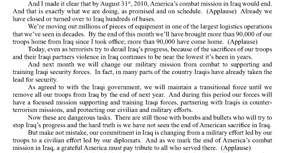 screenshot of excerpt of speech from President Obama confirming the coming end of combat in Iraq