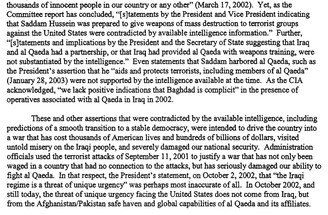 screenshot of excerpt from reoprt detailing that intelligence countered claims of weapons of mass destruction in Iraq and ties between Hussein and al-Qaeda