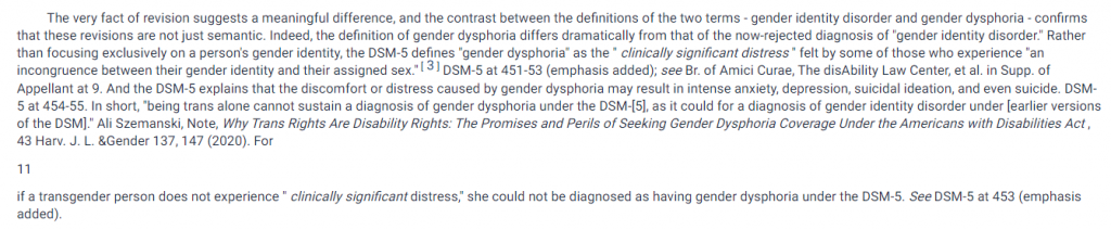 screenshot of excerpt from case in Fastcase describing importance of difference between "gender identity disorder" and gender dysphoria