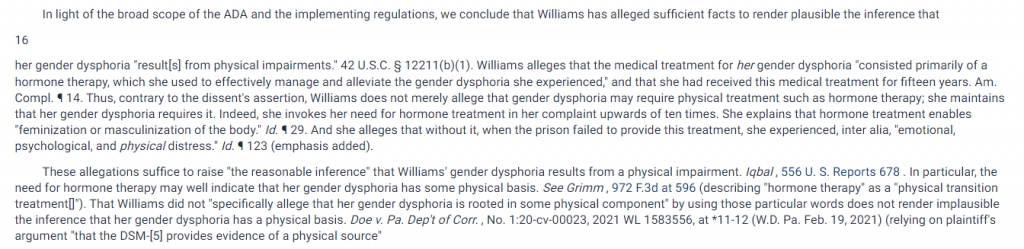 screenshot of excerpt from case in Fastcase describing Williams' condition relating to physical impairments