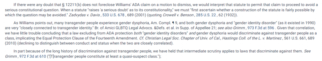 screenshot of excerpt from case in Fastcase describing application of Equal Protection Clause to ADA