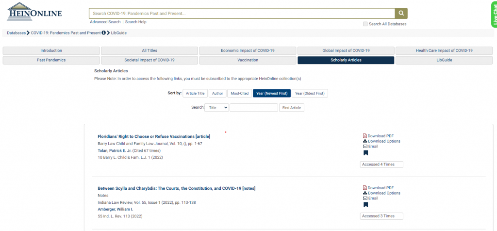 A screenshot of the "Scholarly Articles" section of a HeinOnline database, COVID-19: Pandemics Past and Present. The page shows tabs sorting articles by topic, and displays citations and links for two academic articles.