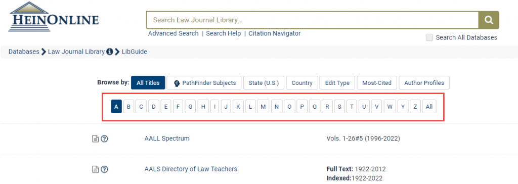 image of the Law Journal Library's homepage