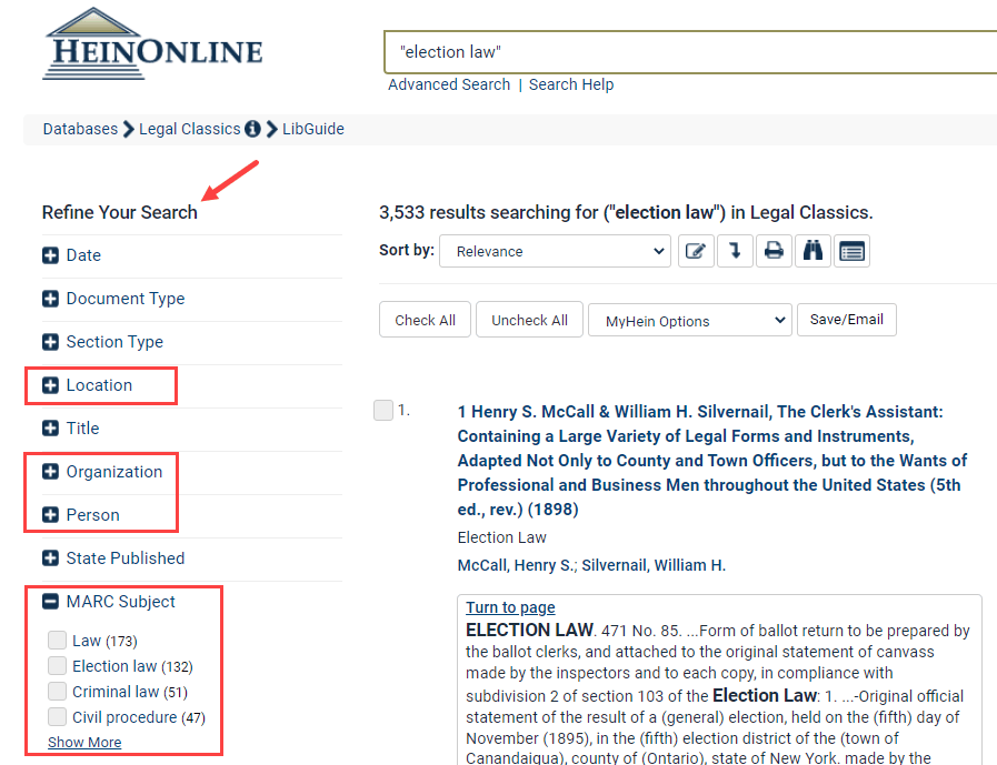 image of options to refine results in HeinOnline's Legal Classics library