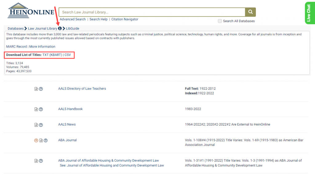 screenshot of More Information option in Law Journal Library, highlighting KBART title listing options