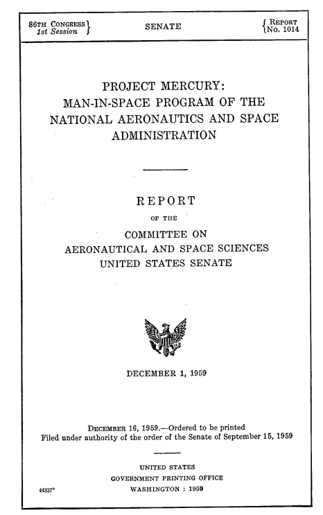 cover of Project Mercury report of the Committee of Aeronautical and Space Sciences