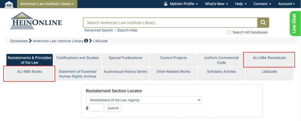 landing page for American Law Institute Library highlighting ALI-ABA Periodicals and ALI-ABA Books subcollections