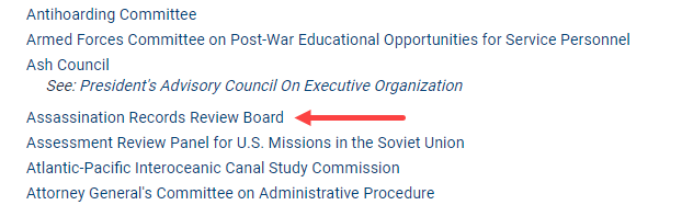 example of the Assassination Records Review Board listed under Commission Name