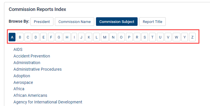 image of A-Z index under commission Subject browse by option