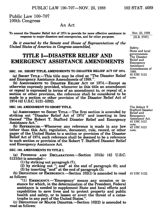 screenshot of an excerpt from the Stafford Disaster Relief and Emergency Assistance Act of 1988