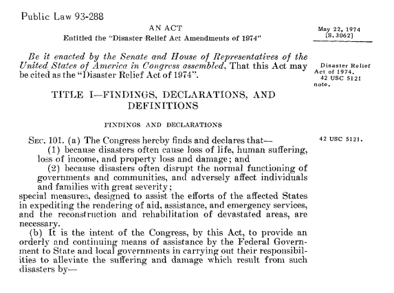 screenshot of excerpt from the Disaster Relief Act of 1974