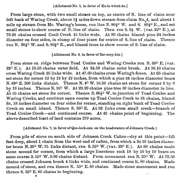 screenshot of examples of descriptions of Native American land allotments