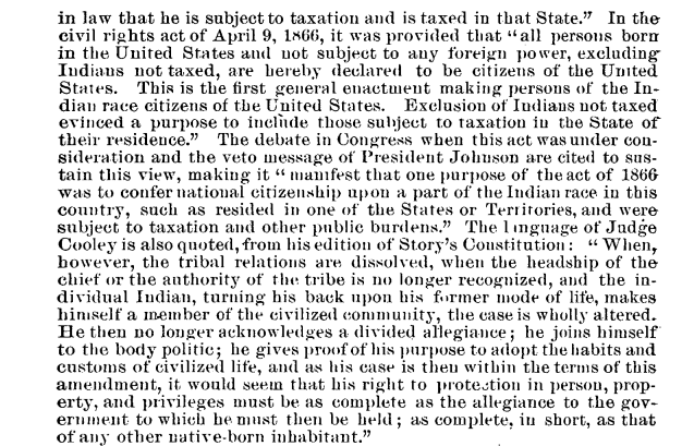 excerpt from document in U.S. Congressional Serial Set explaining citizenship available to Native Americans who pay taxes