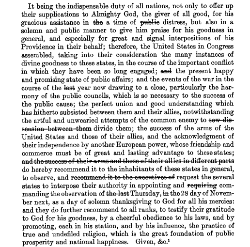 screenshot of excerpt from Congress declaration of day of Thanksgiving in 1782