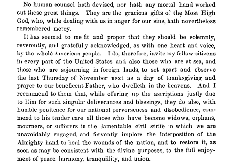 screenshot of excerpt of Lincoln's Thanksgiving proclamation in 1863