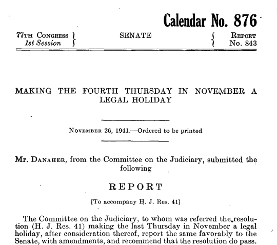 screenshot of excerpt from Senate report to make the fourth Thursday in November a legal holiday