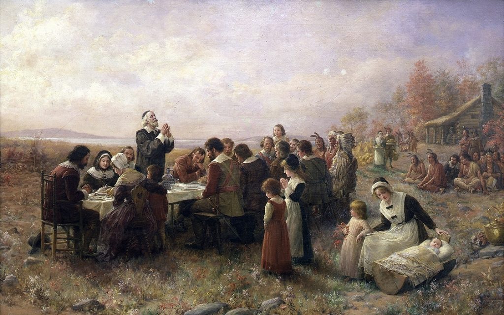 image of "The First Thanksgiving at Plymouth" (1914) by Jennie A. Brownscombe