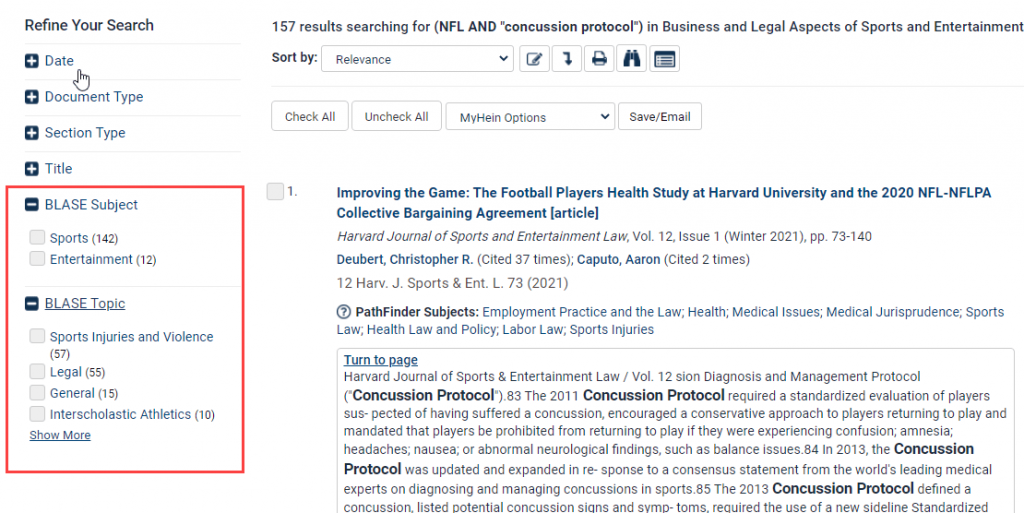 image of search results within BLASE database on concussion protocol