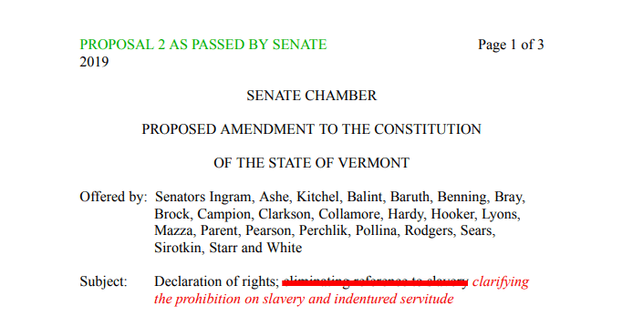 screenshot of excerpt of Vermont amendment prohibiting slavery and indentured servitude
