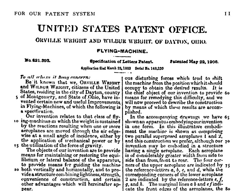 screenshot of excerpt of report of Wright brothers patent for "flying-machine"