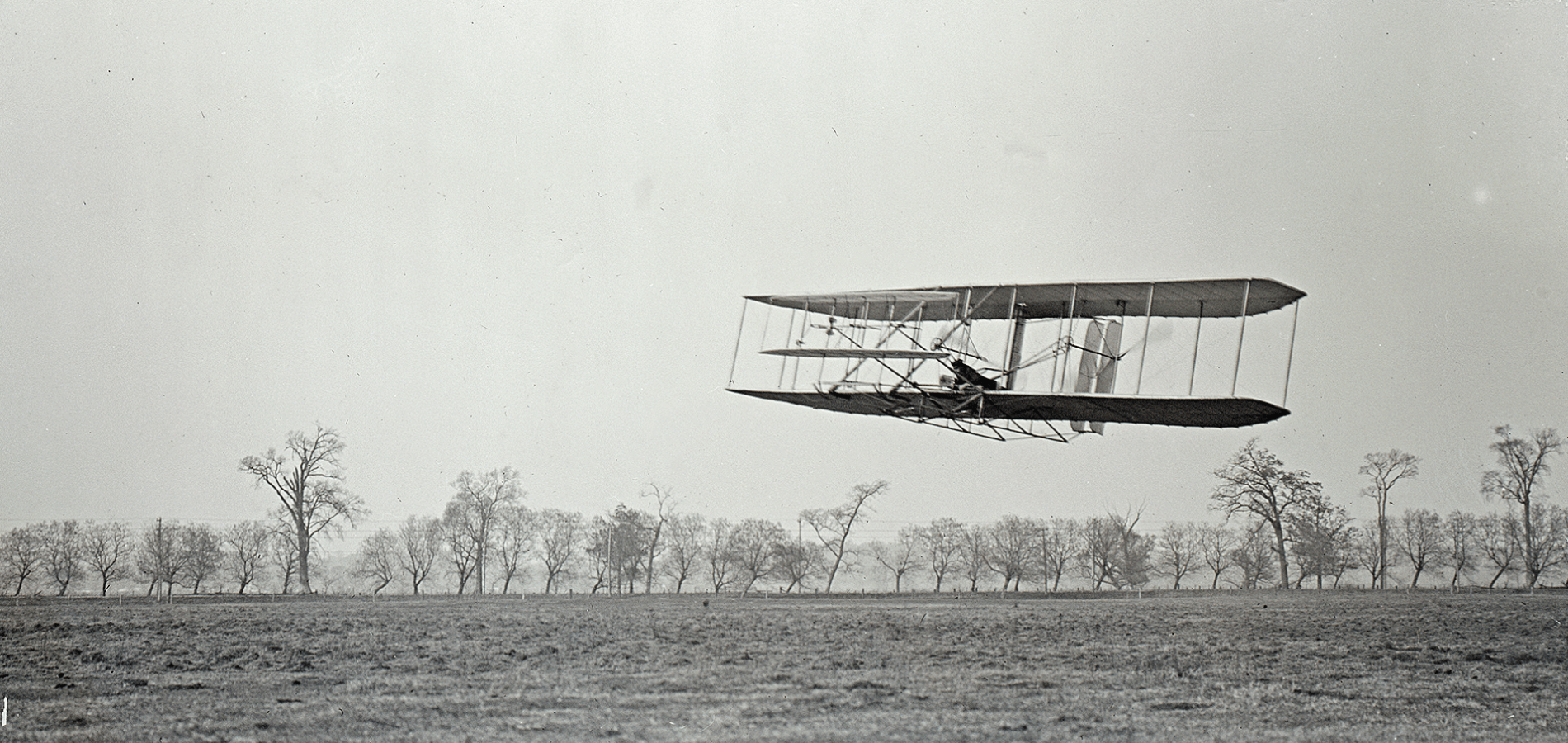 Orville Wright in flight over Huffman Prairie in Wright Flyer I