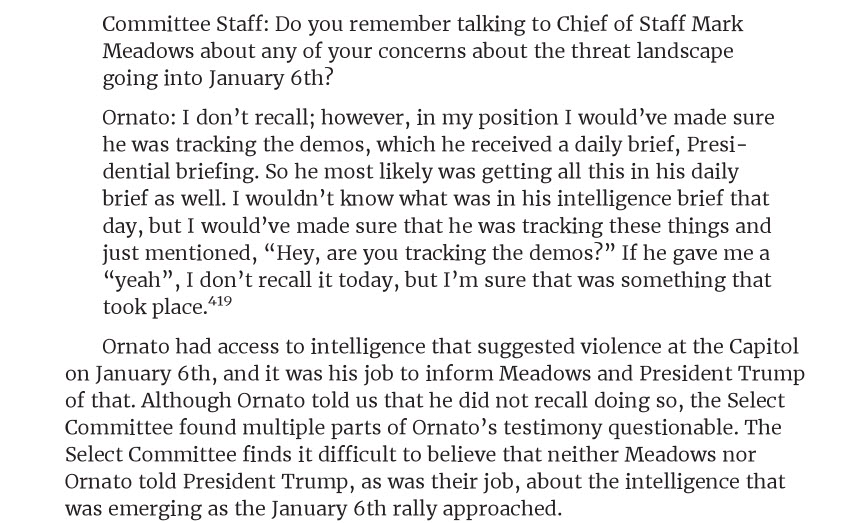 screenshot of excerpt from January 6th final report discussing Tony Ornato's access to intelligence suggesting violence at the Capitol on January 6th