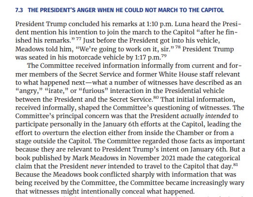 screenshot of excerpt from January 6th final report discussing Trump's anger when he couldn't march to the Capitol
