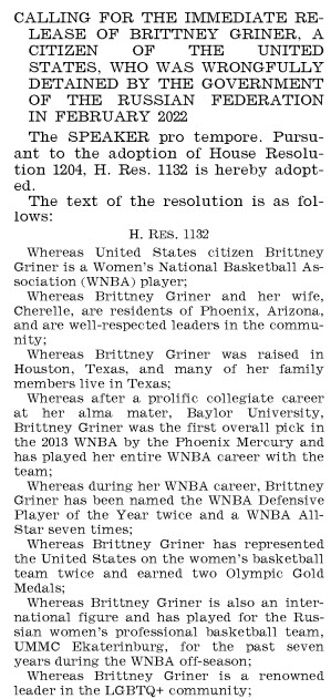 excerpt from Congressional Record with resolution to release Brittney Griner