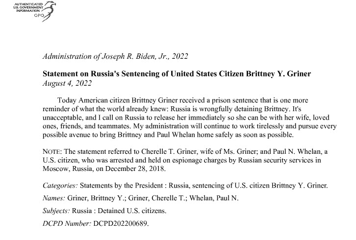 excerpt from Biden's statement on Russia's sentencing of Griner