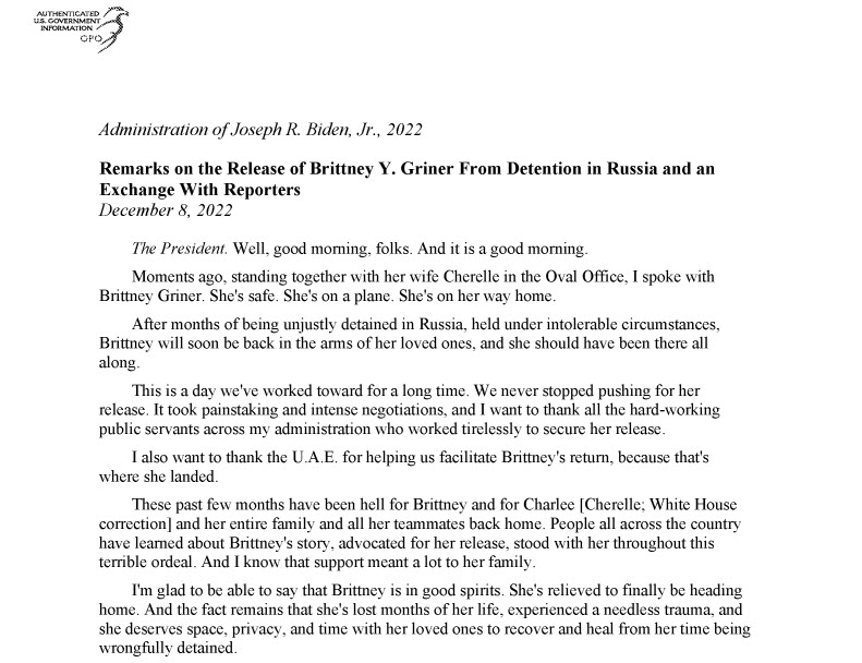 excerpt of remarks from Biden on the release of Brittney Griner from detention in Russia