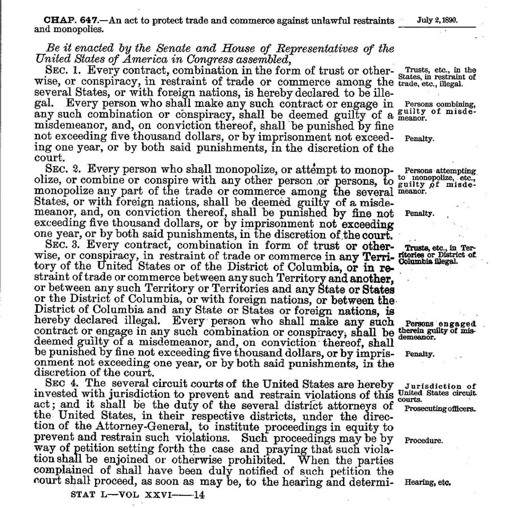 First page of the Sherman Anti-trust Act as it appears in the U.S. Statutes at Large.