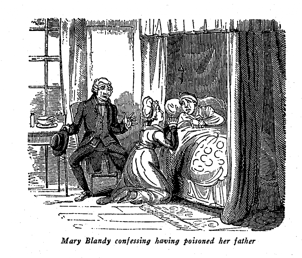 A cartoon illustration of Mary Blandy, on her knees, confessing at her father's bedside, while her astonished uncle stands behind her.