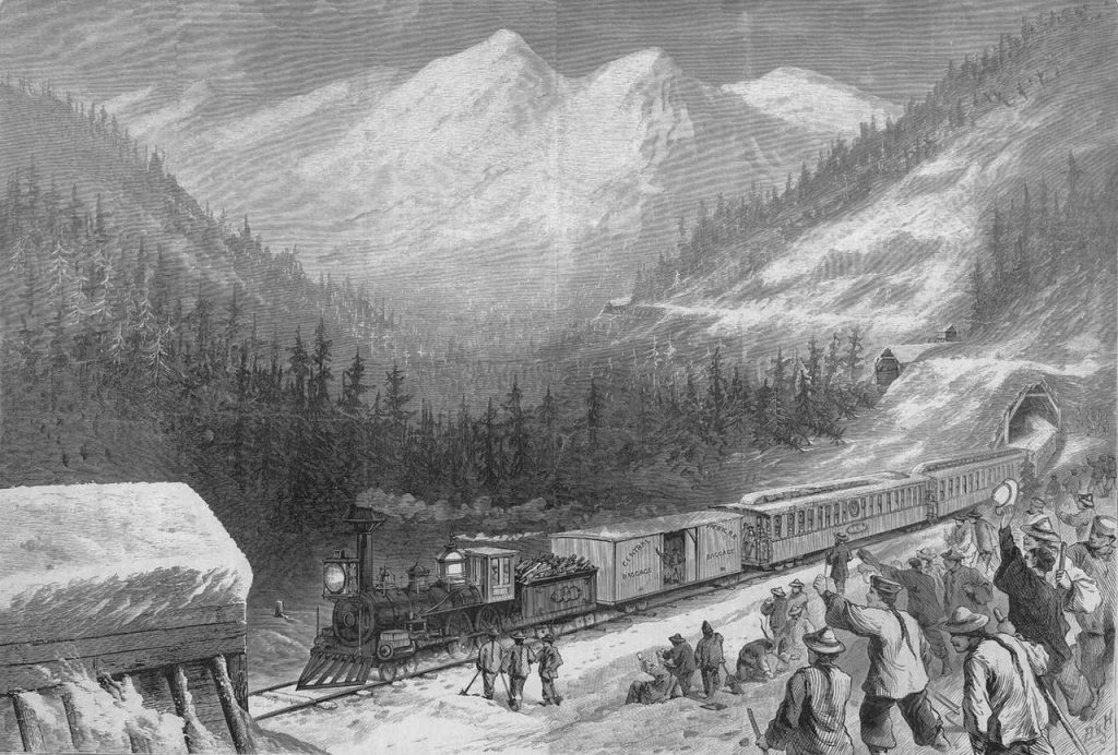illustration of railroad workers in the Sierra Nevada
