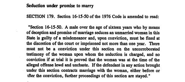 image of seduction under promise to marry law in the South Carolina session laws within HeinOnline