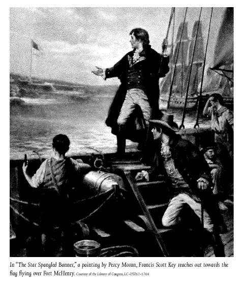 painting by Percy Moran depicting Francis Scott Key reaching out toward the flag flying over Fort McHenry